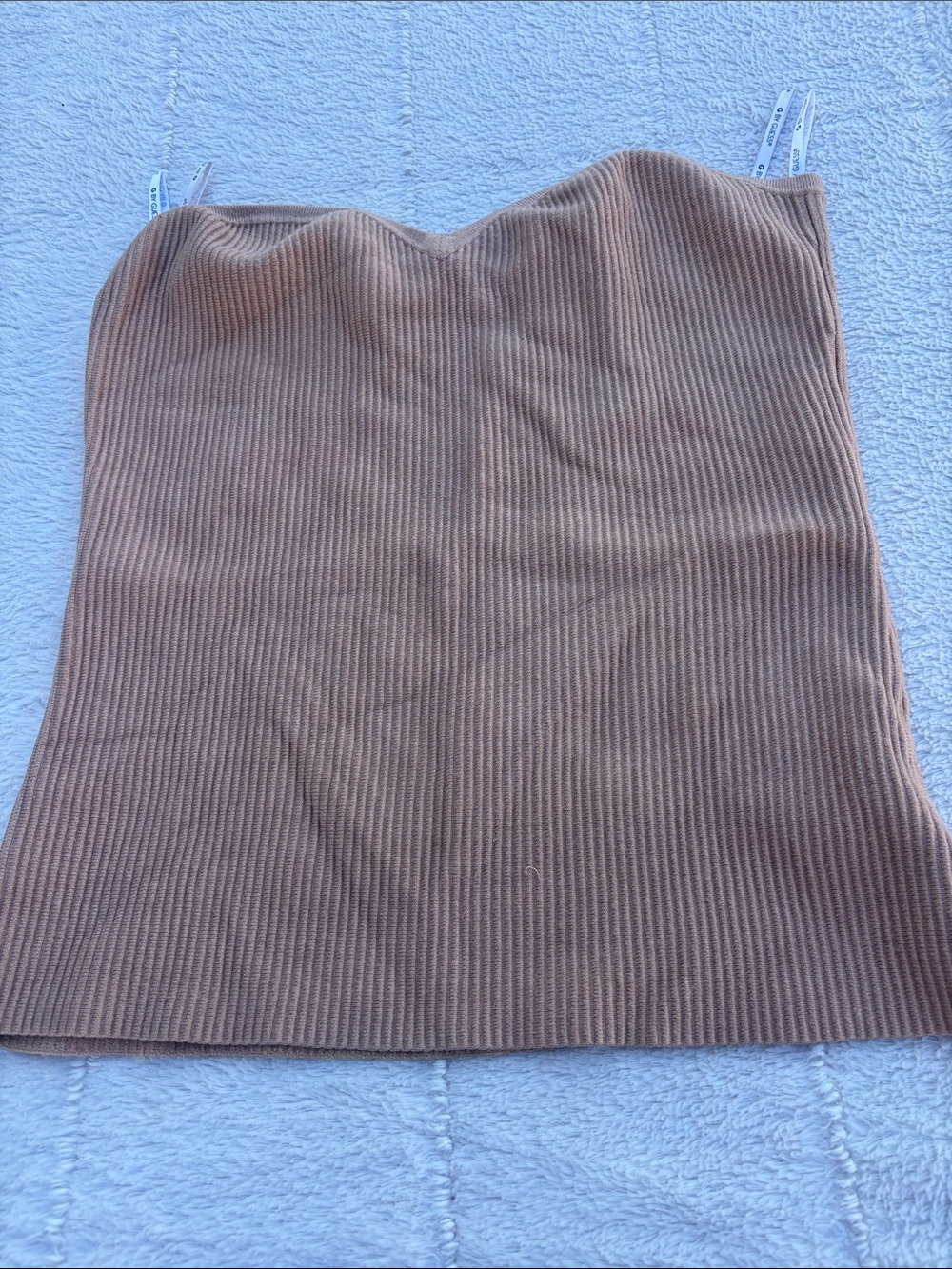 G by Guess Camel Ribbed Strapless Knit Top